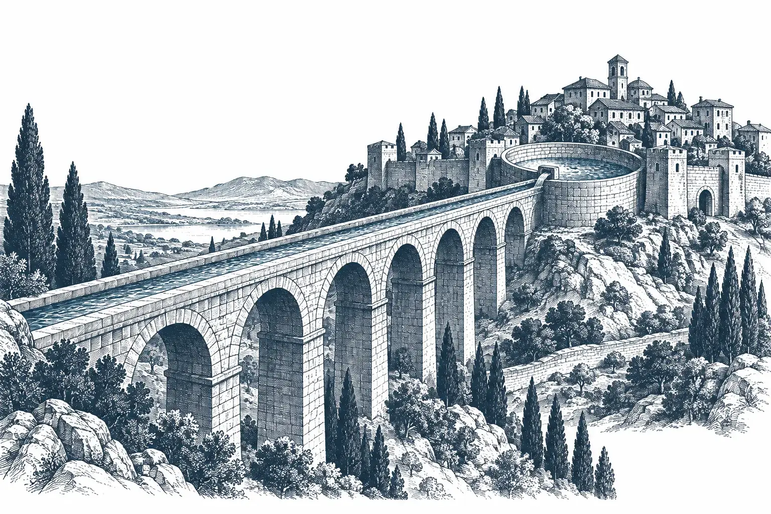 Engraving of an aqueduct carrying water along stone arches into a walled hilltop town