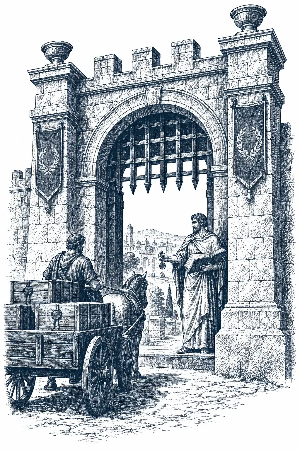 Engraving of a gatehouse with a raised portcullis and a keeper holding a ledger